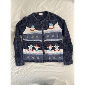 Vintage White Stag Snowman Christmas Cardigan Sweater Beaded Appliqué Holiday M